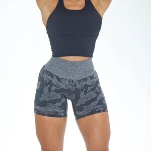 Gray High-Waisted Bike Shorts with Camo Pattern